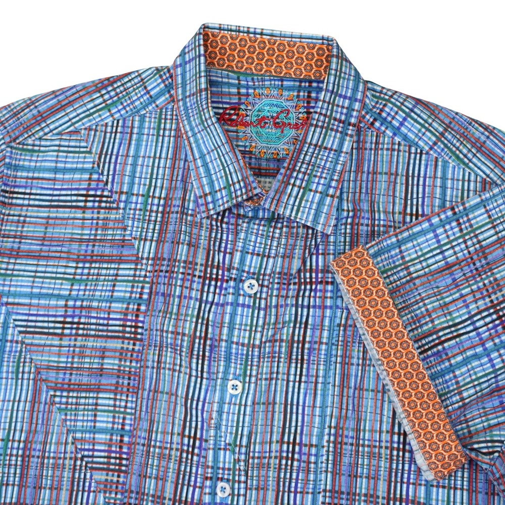Robert Graham Button Up Shirt Mens L Blue Multi Abstract Grid Classic Fit